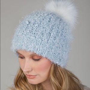Eyelash Knit Blue & White Pom Pom Beanie